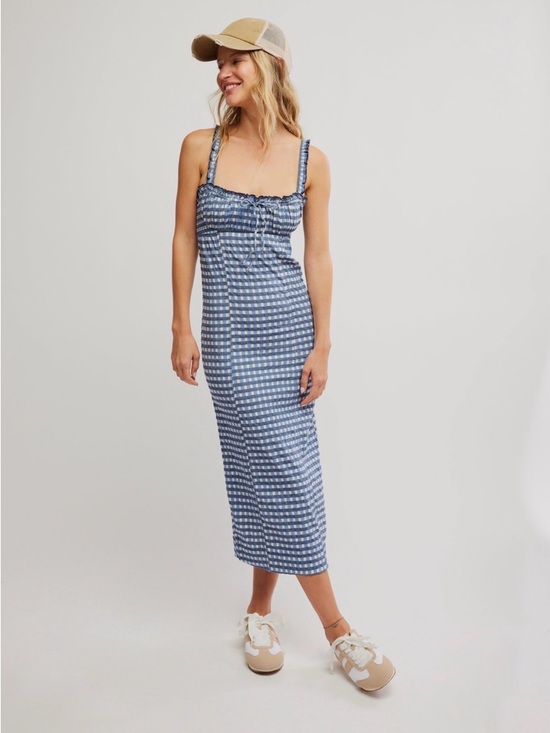 Free People Dresses & Skirts - Free People Lucinda Gingham Midi Dress Blue and White Size M